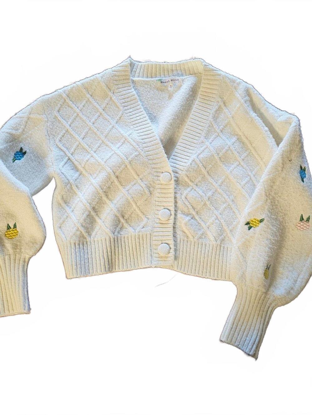 Hazel Moon White Knit Cardigan with Embroidered Flowers, Size Small